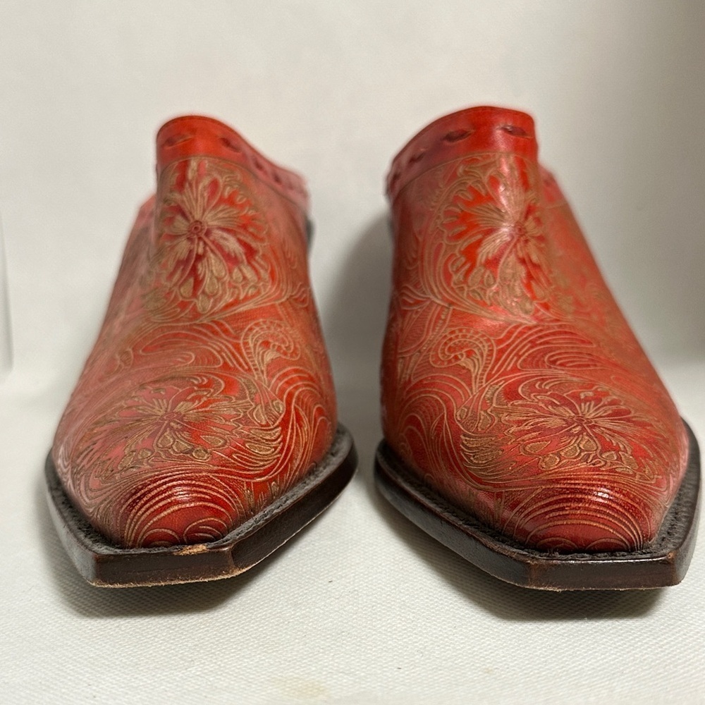 Charlie 1 Horse Red Embossed Leather Western Mules Size 6 B / 36.5 EU - EUC - Picture 3 of 14